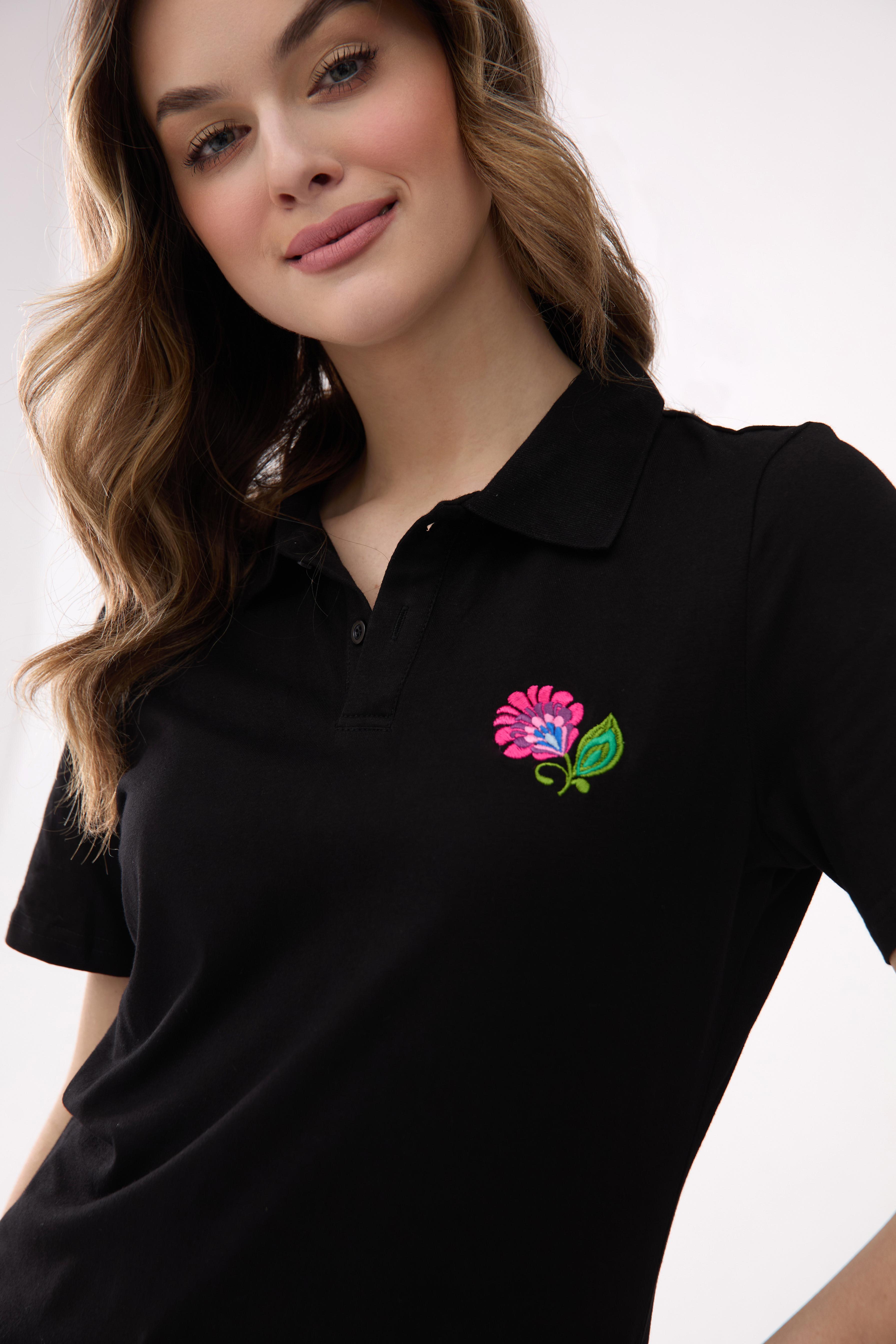 Folkstar - Women's polo shirt with embroidery - black Lowicz pattern
